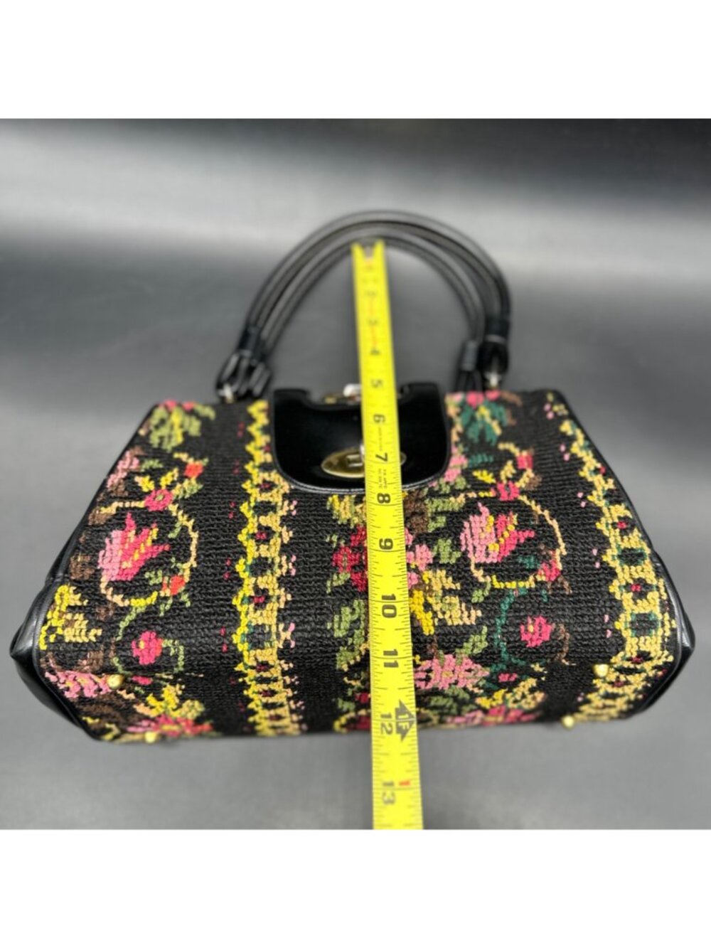 Vintage Tapestry Carpet Bag Purse Handbag 1960s Floral Dual Handles Pink Black - Picture 12 of 12